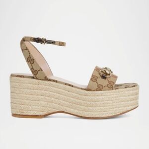 $990 Gucci Lady GG Canvas Beige Horsebit Platform Sandals EU 40.5 US 10.5 BNIB